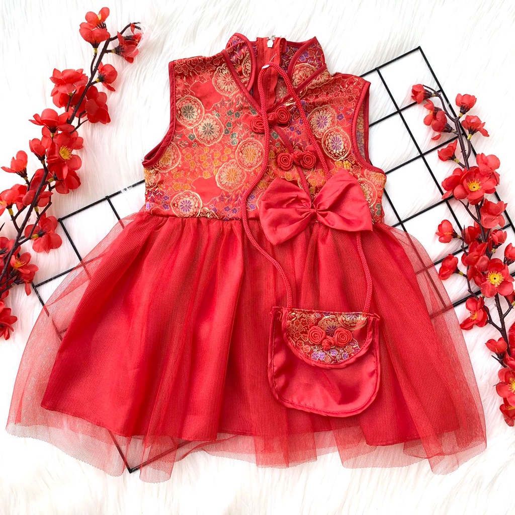 Baju cheongsam dress motif bunga sincia imlek cny fashion anak bayi perempuan cewek murah -pre