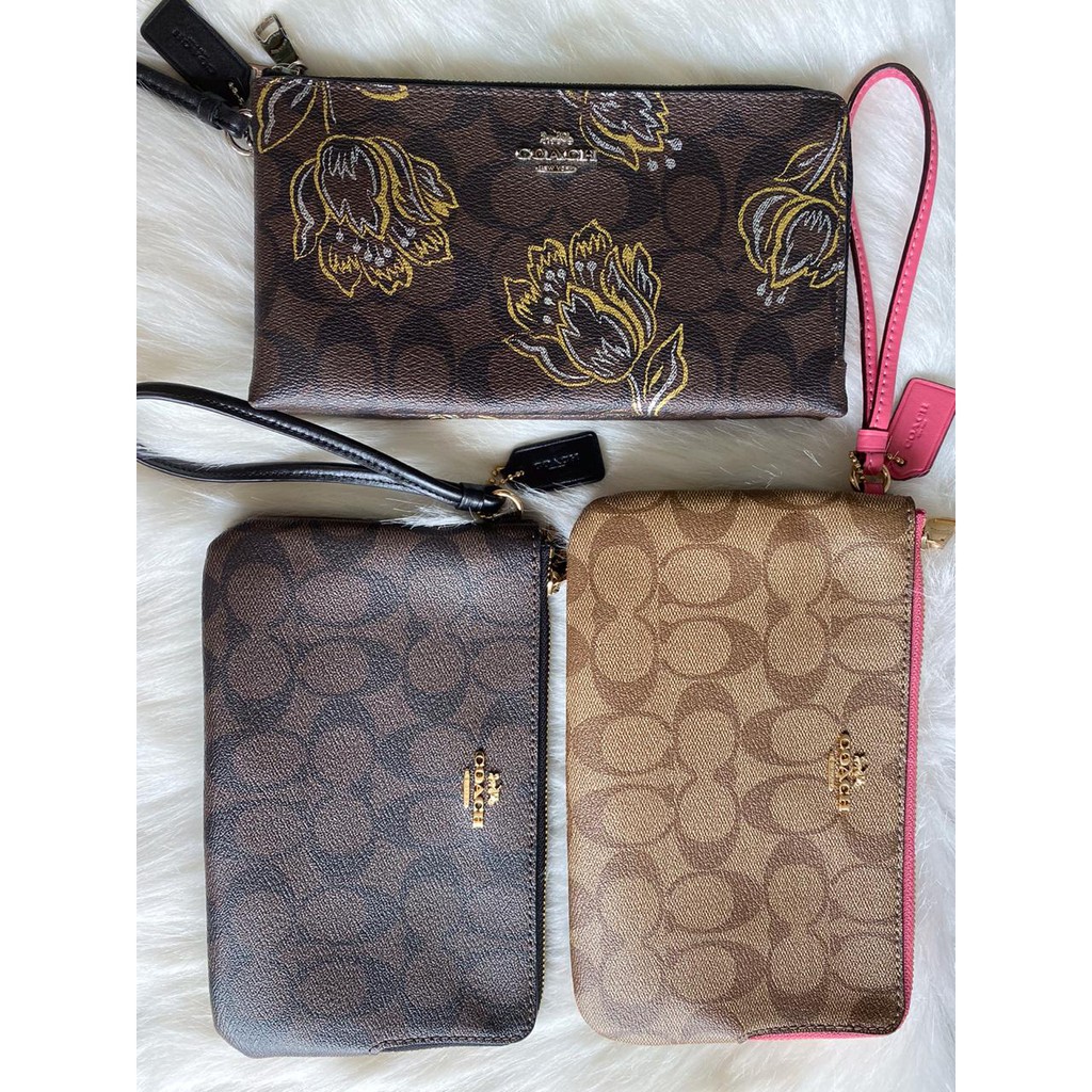 

COACH Double Zip large Wristlet Sign Brown Black Mahogany/Sign Khaki Pink/ Sign Floral Original