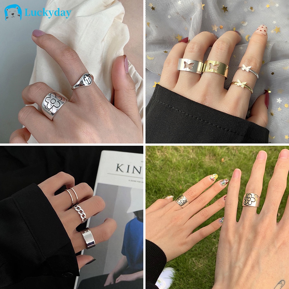 YEEZII Set Cincin Desain Bunga Butterfly Bulan Bintang Warna Silver Emas Gaya Korea Untuk Wanita