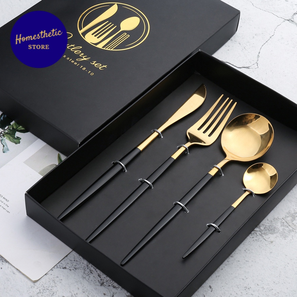 Set Perlengkapan Alat Makan Sendok Garpu Pisau Korea Gift Box Cocok untuk Kado Hadiah Pernikahan Nik