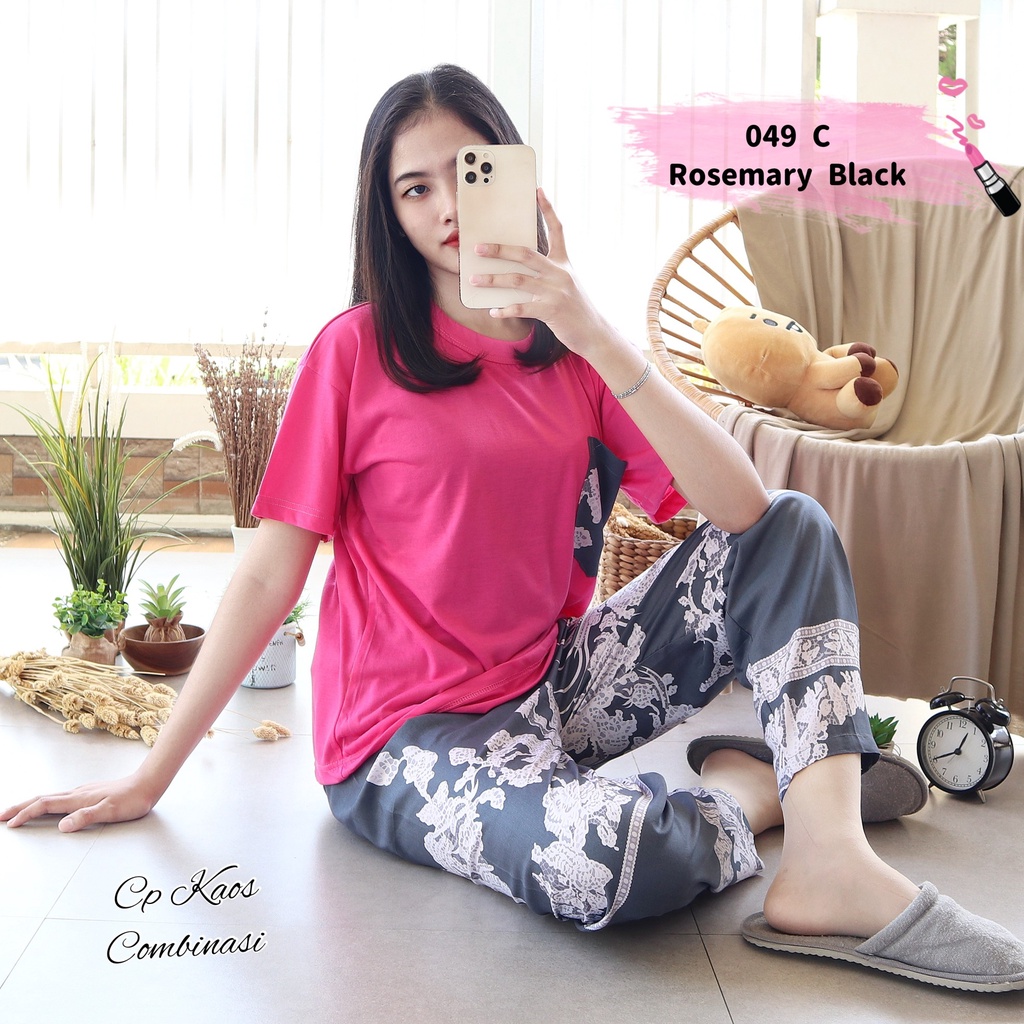 IZANY Piyama Dewasa CP Oblong Kaos Celana Panjang Rayon Fit to XL-049 ROSEMARY BLACK