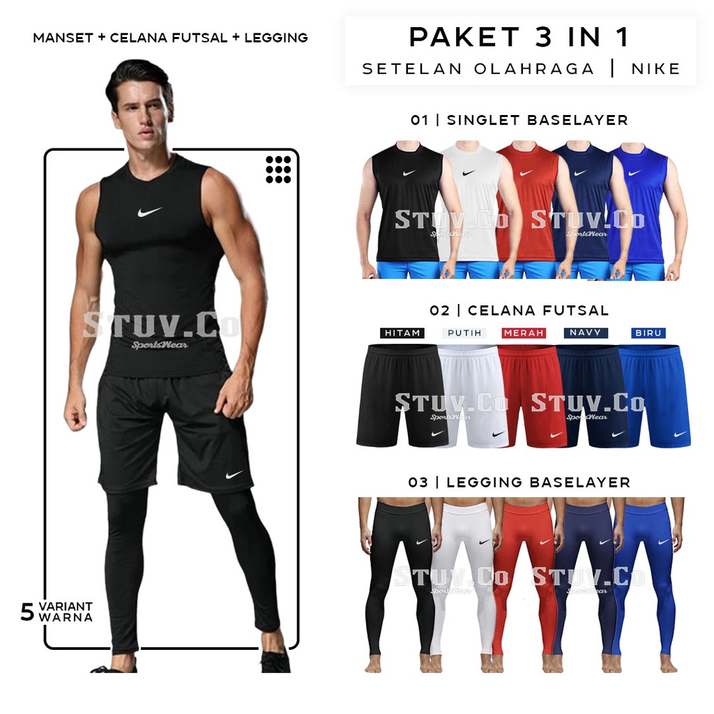 PAKET STELAN OLAHRAGA MANSET BASELAYER TANPA LENGAN LEGGING PANJANG DAN CELANA PENDEK DRIFIT UNISEX 5 WARNA