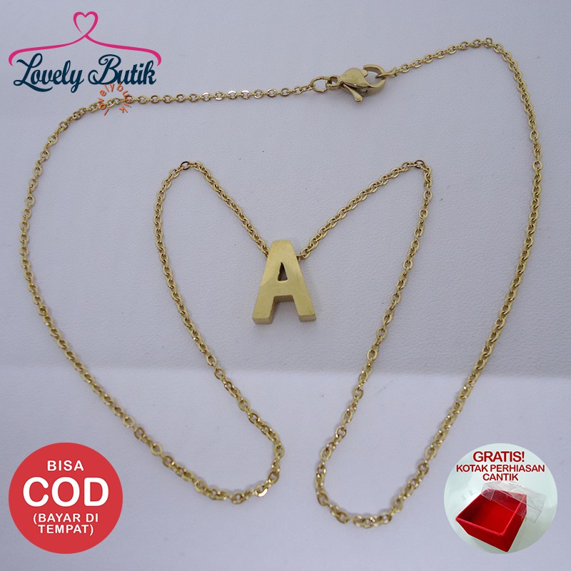 Lovelybutik - Accent Kalung Huruf Titanium Anti Karat Kalung Huruf  Inisial A Uk 45 cm BONUS KOTAK PERHIASAN