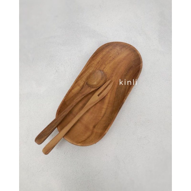 Piring kayu kue roti sendok garpu kayu jati wooden spoon fork tray set