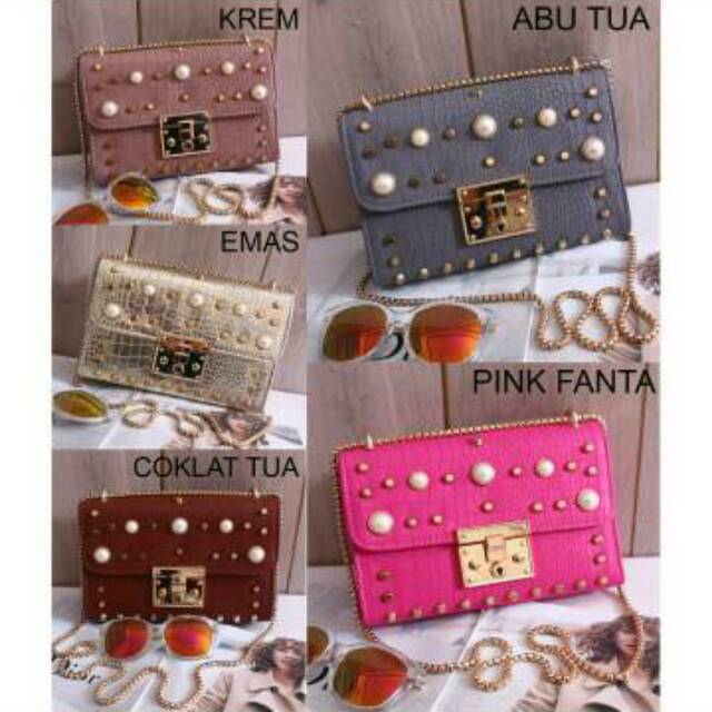 Tas Import Promise Adler Croco Mutiara Stud Batam Gold with Padlock