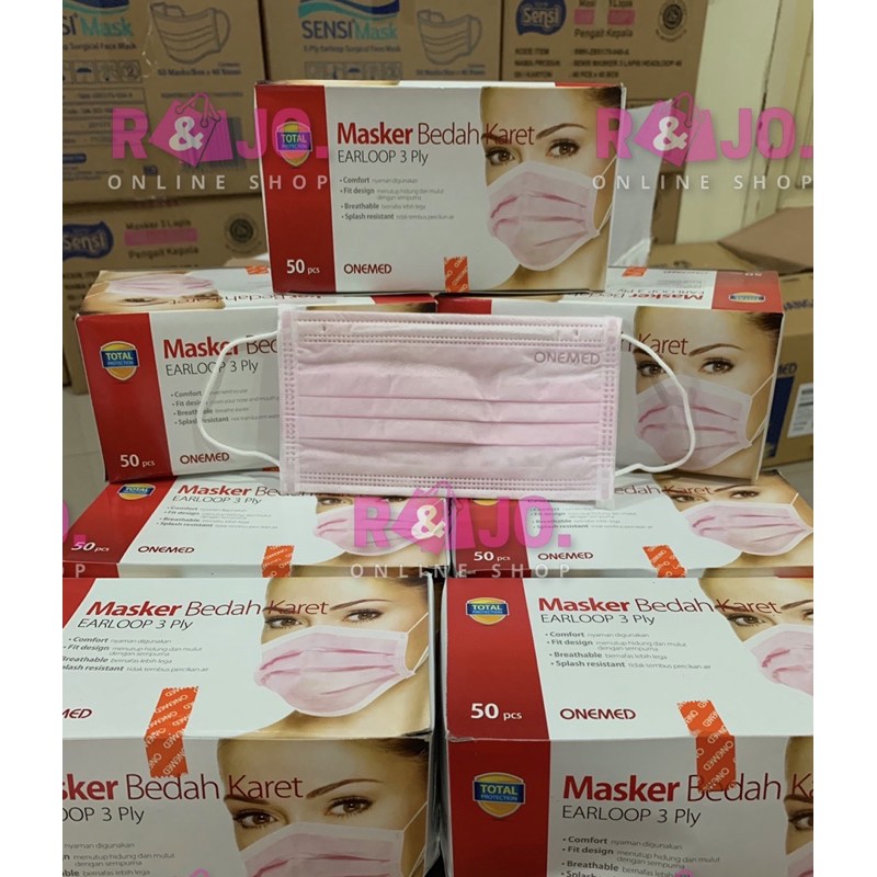 MASKER MEDIS ONEMED 3PLY isi 50 pcs warna PINK