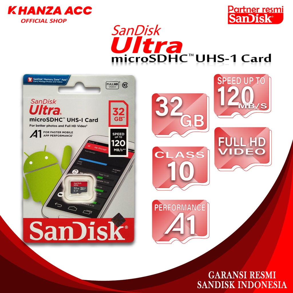 KHANZAACC SanDisk Ultra MicroSD 32GB A1 microSDHC UHS-I Memori Card Hp Micro SD Class 10