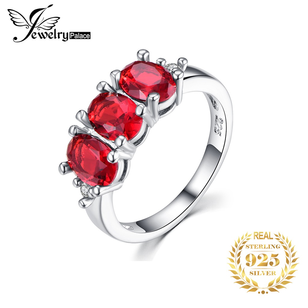 Cincin Perak 925 Asli Cincin Perak untuk Wanita Tiga Ruby Cincin Hadiah Fashion Aksesoris Perhiasan