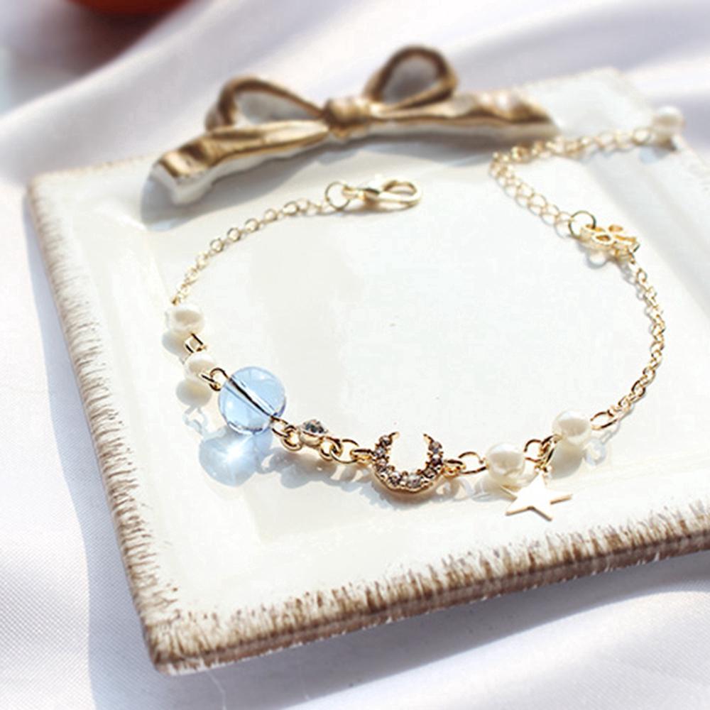 Gelang Rantai Adjustable Hiasan Bulan Bintang Mutiara Gelang Rantai Adjustable Hiasan Bulan Bintang Mutiara