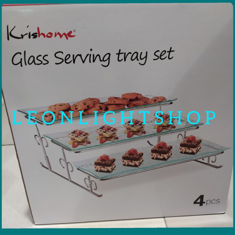 KRISHOME WADAH SAJI KACA 3 TINGKAT/ACE TEMPAT WADAH KUE KACA/NAMPAN SAJI KUE/GLASS SERVING TRAY SET