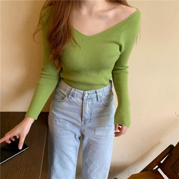 Atasan wanita rajut V-NECK catty //lengan panjang fashion korea style minimalis warna solid atasan knit t-shirt