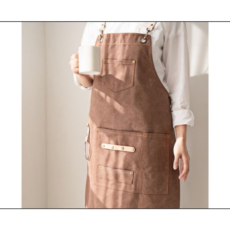 Celemek Apron Celemek Masak Apron Barbershop Apron Bartender Bahan Canvas Leather Pria Wanita