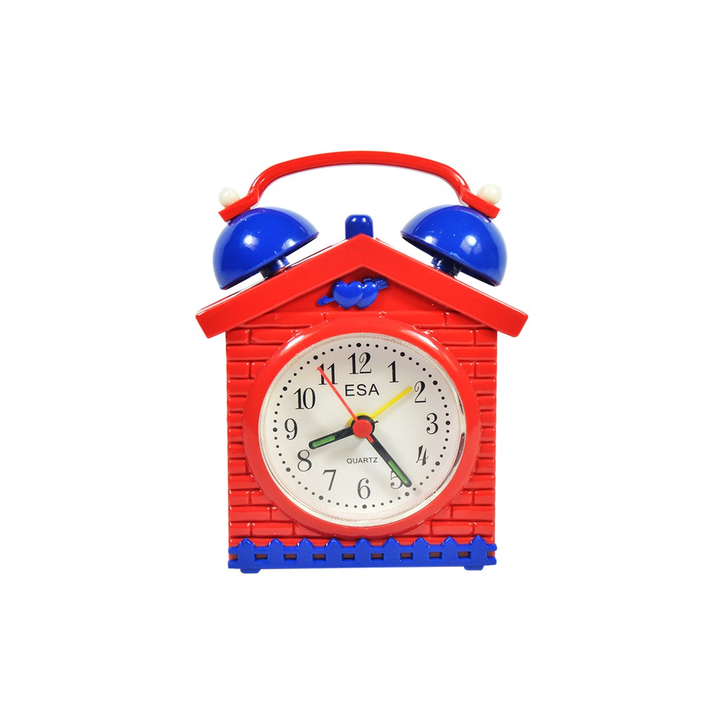 Jam Meja Weker Alarm Anak Bentuk Rumah Warna Merah Free Baterai 2068