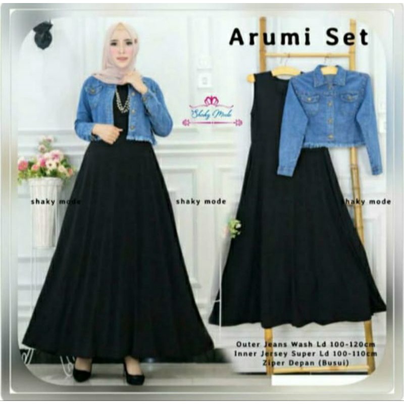 set Arumi gamis maxy jersey outer jaket jeans