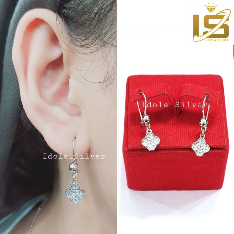 ANTING PERAK ASLI SILVER WANITA 925 LAPIS EMAS PUTIH MODEL AGOGO POLOS GANTUNGAN BUNGA PERMATA - PERHIASAN PERAK WANITA ASLI