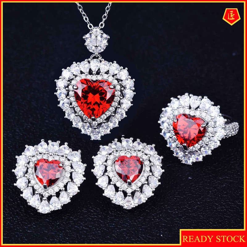 [Ready Stock]Heart-Shaped Natural Red Garnet Necklace Ring Earings Set
