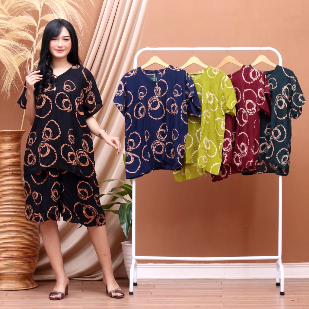 BAJU TIDUR WANITA SETELAN ONESET PIYAMA KULOT SUPER JUMBO KEKINIAN  BUSUI BUMIL ( ROHMAH GELOMBANG OVAL SELEDRI CABUTAN )-KJ OVAL CABUTAN