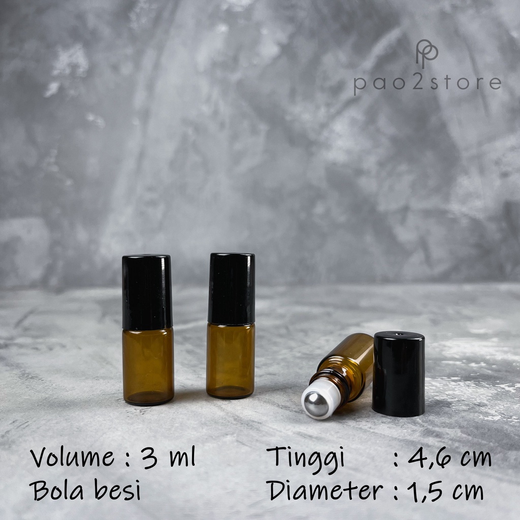 Botol Roll On 3ml Kaca AMBER / Coklat - Essential Oil Parfum - Roller Bola BESI Stainless