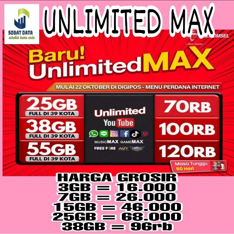 PROMO kuota UNLIMITED MAX 25GB hanya 69rb telkomsel 3GB 7GB 15GB 38GB 55GB