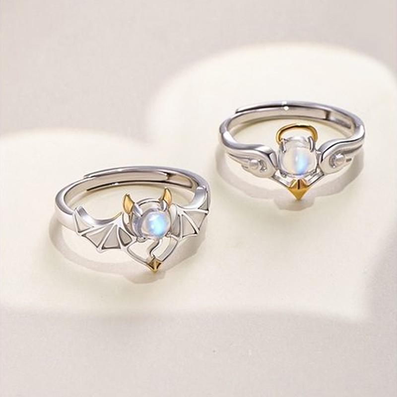 COD❤️Perhiasan Cincin Pasangan Perak Fashion Korea Biru Moonstone Malaikat Setan-A.one