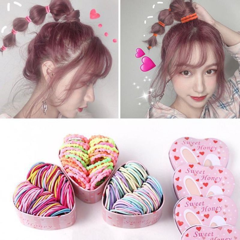 Ikat Rambut Elastis Warna-warni dengan Kotak Box Love untuk Anak Perempuan