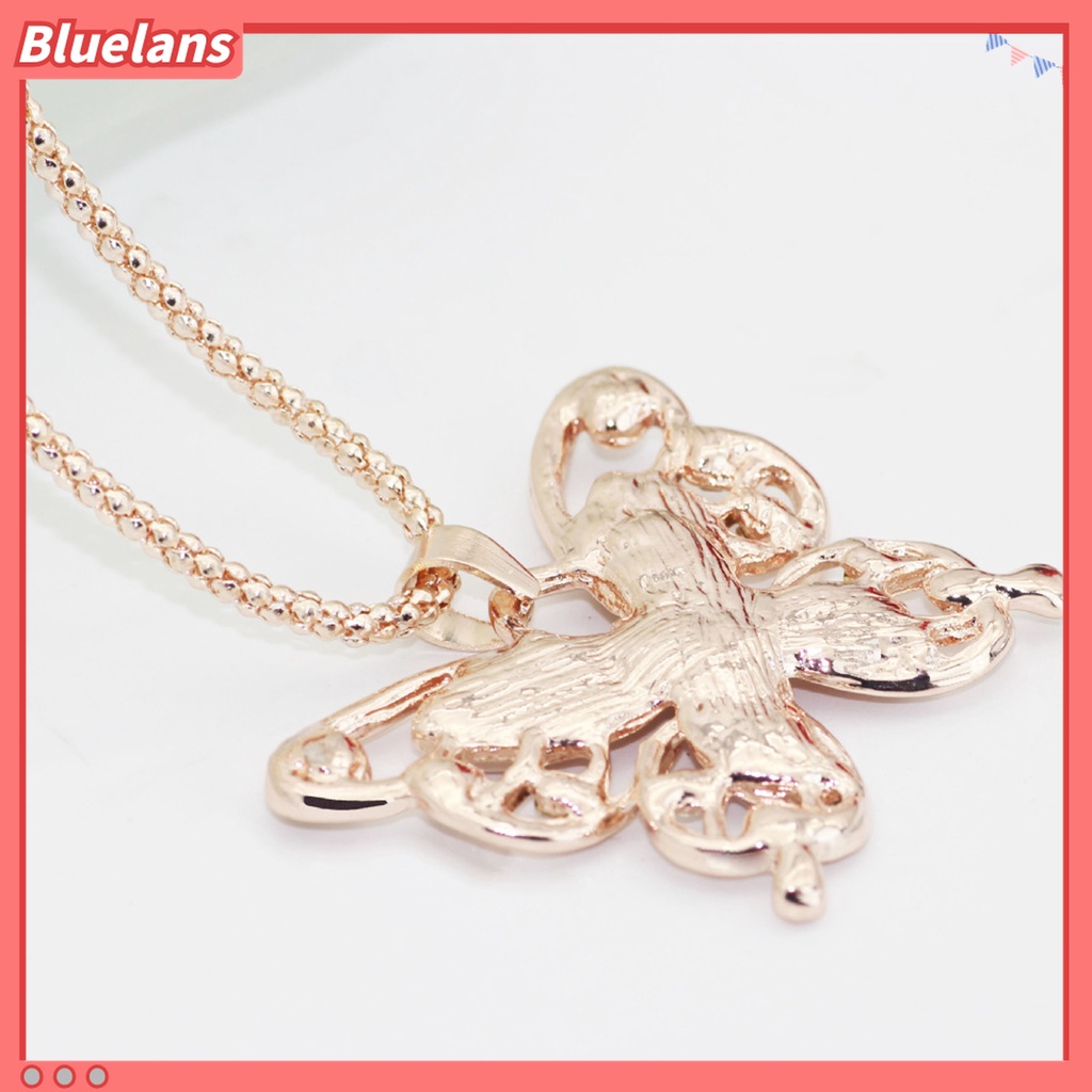 Bluelans Kalung Liontin Kupu-Kupu Warna Rose Gold Aksen Berlian Imitasi Untuk Wanita