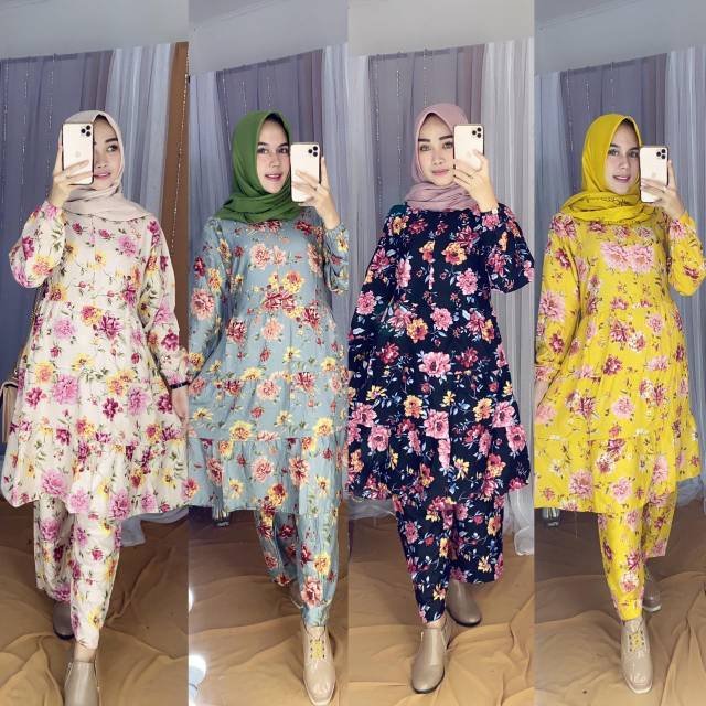 STELAN SETELAN CELANA ATASAN BAWAHAN TUNIK MOTIF BUNGA CANTIK BUSUI KATUN RAYON IMPORT PREMIUM ORI