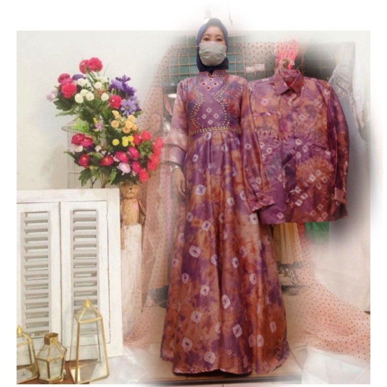 set couple gamis jumputan sutra valvet, jumputan asli handmade