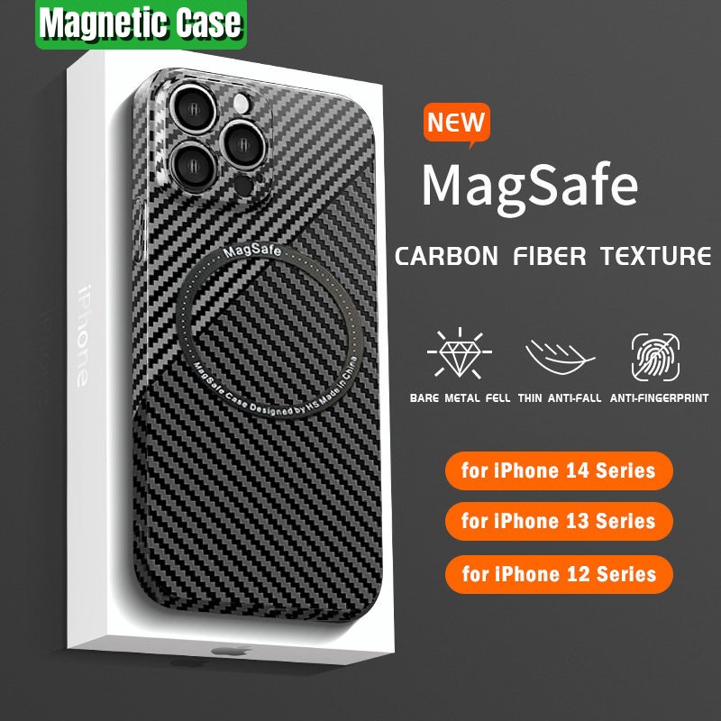 Hard Case Magnetik Bahan PC Tekstur Serat Karbon Untuk iPhone 14 Pro Max 13 12 11 Pro Max