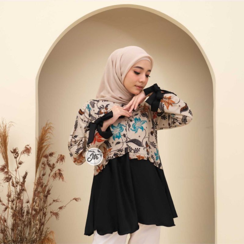 tey-17 Batik wanita ASJ SA HRB026 Kenongo Kemeja Tosca Pendek atasan modern blouse batik Irro14 size M L XL dan XXL-Yasmin biru