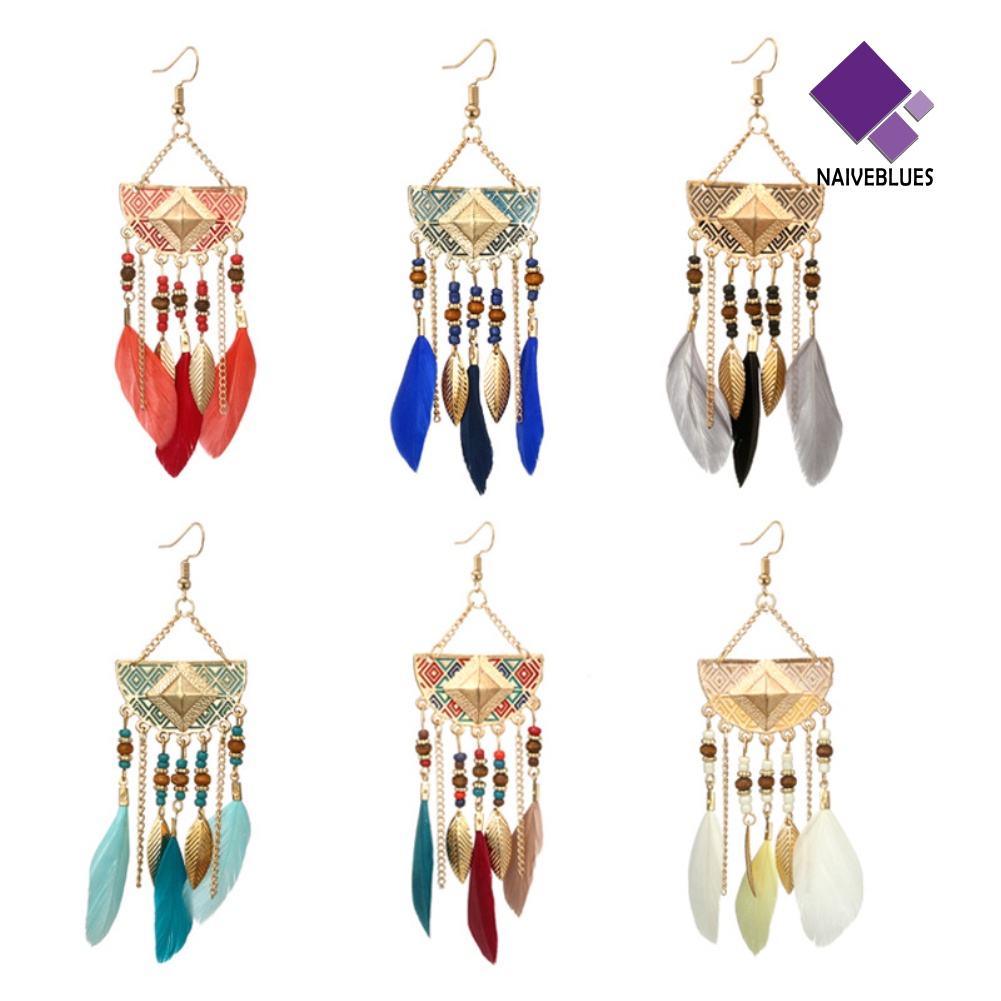 Anting Hook Bentuk Kipas Aksen Bulu Manik-Manik Gaya Bohemian Untuk Wanita