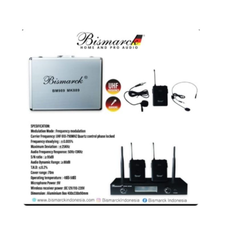 Mic wireless Bismarck BM-989  MK-889, 2 mic wireless Headset+clipon, gatansi