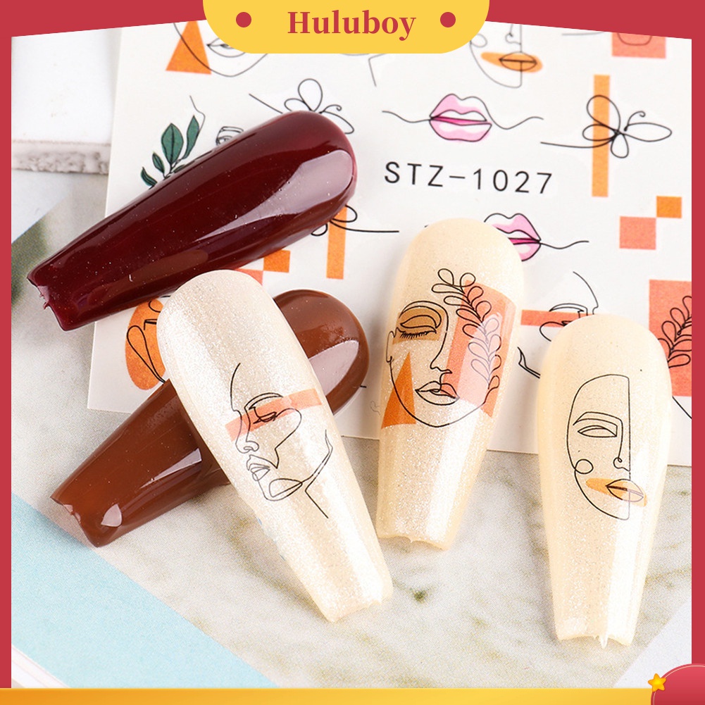 Huluboy Huluboy♡ 16 Lembar Stiker Kuku Motif Garis / Wajah Untuk Dekorasi Manicure