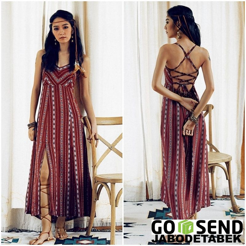 Maxi Long Dress Pantai  Sexy Boho Bohemian Backless Etnik 