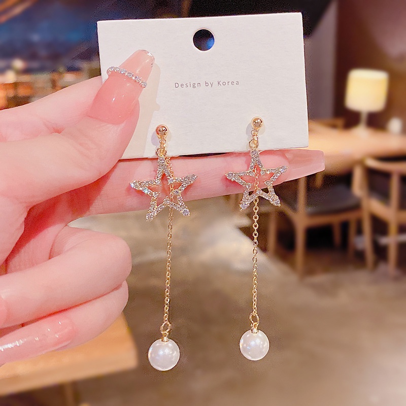 Anting Tusuk Gantung Bahan Sterling silver 925 Desain Bintang Hias Berlian Untuk Wanita