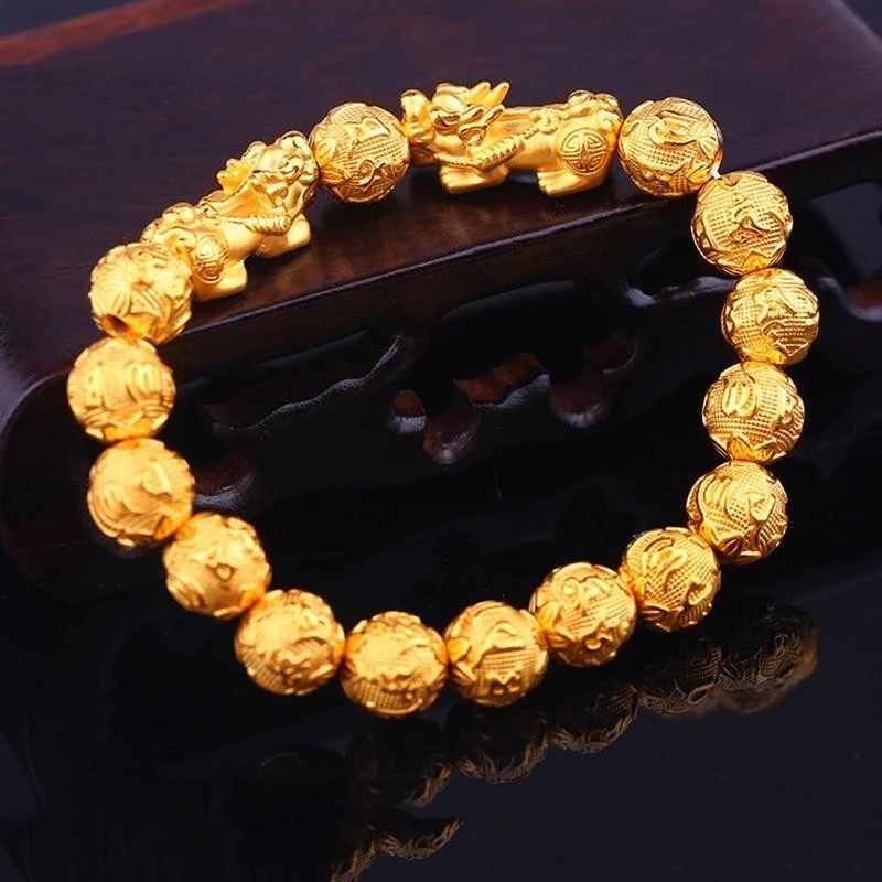 Unisex Feng Shui Gold Sand Bead PIXIU Bracelet/Wealth Attract Wealth and Good Luck Jewelry Gift