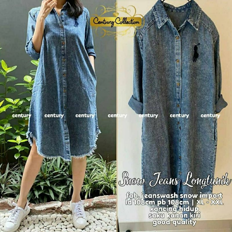 Snow Jumbo Longtunik, TUNIK JEANS WANITA JUMBO CANTIK BAHAN JEANS WASH SNOW IMPORT XL &amp; XXL TERMURAH TERLARIS OOTD