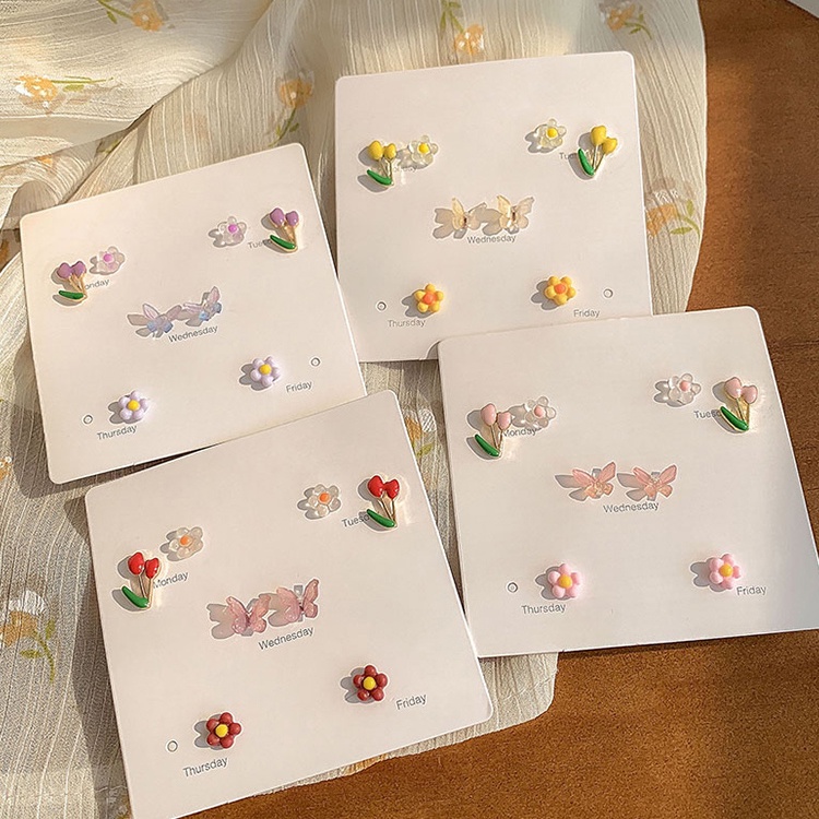 AY(CN) Set Anting Stud Desain Bunga Butterfly Warna-Warni Aksen Mutiara Bahan Keramik Gaya Korea Untuk Wanita