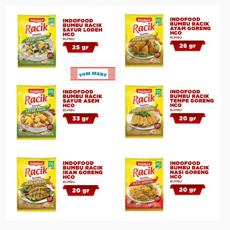 

RACIK BUMBU INDOFOOD AYAM GORENG, IKAN GORENG, NASI GORENG, SAYUR ASEM, TEMPE GORENG, SAYUR LODEH, SAYUR SOP
