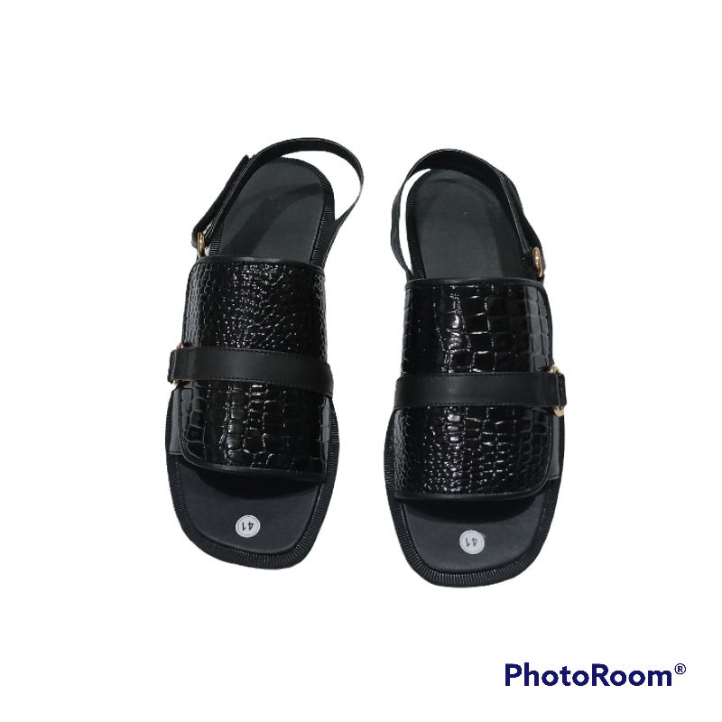 SB~SANDAL FLAT TALI KOKOP CROCO HITAM