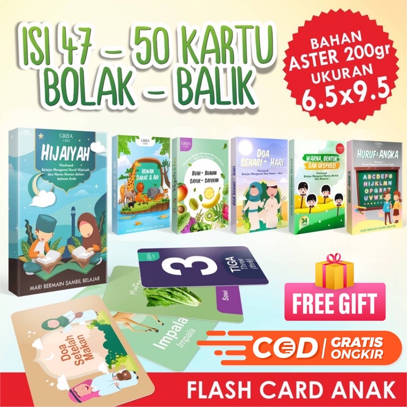 Flash Card Edukasi Anak Hijaiyah, Hewan, Buah, Doa sehari hari isi 46-50 Kartu Bahan Aster 200gr