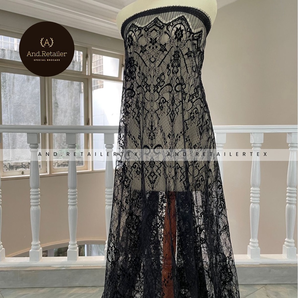 Bahan Kebaya Brokat Semi France Lace Chantily Shantily Katun Per panel 2,5m Warna Hitam Black