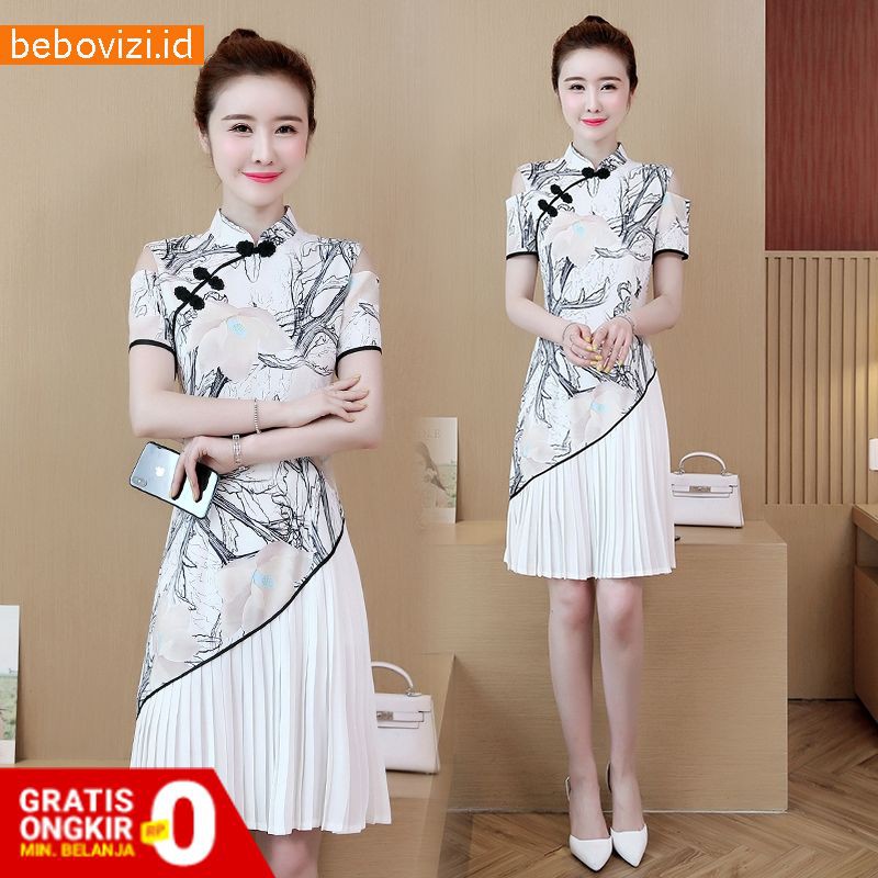 Dress Jumbo Cheongsam Midi Gaya Cina Vintage Ada 5Xl Wanita