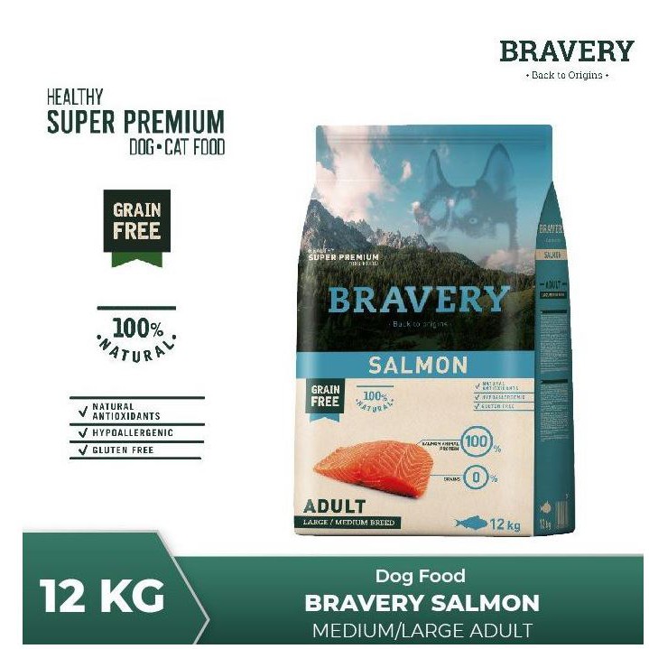 Bravery Medium/Large Adult Dog SALMON 12KG Makanan Anjing Pelet Food Super Premium