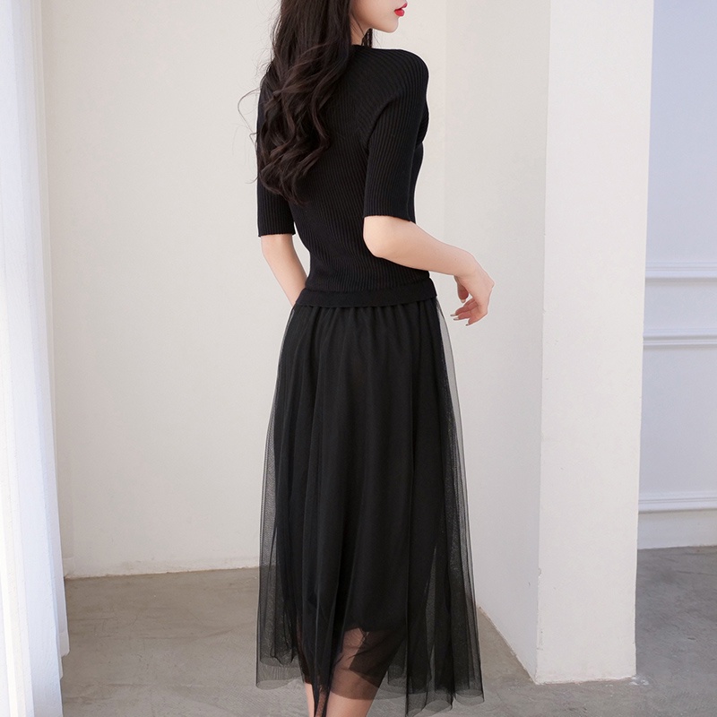 【Elegant】 Korean Solid Hem stitching Gauze Premium Knit Dress  7367