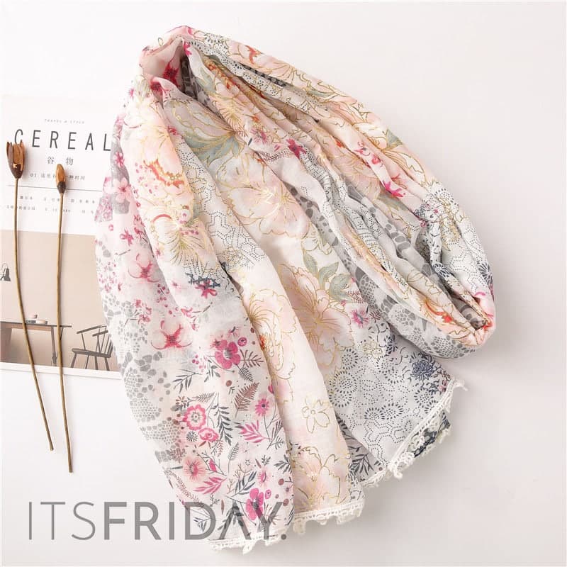 ITSFRIDAY NABA Scarf - Premium Pashmina Shawl Selendang Syal Pasmina Hijab Import Motif Flower Glitter Renda