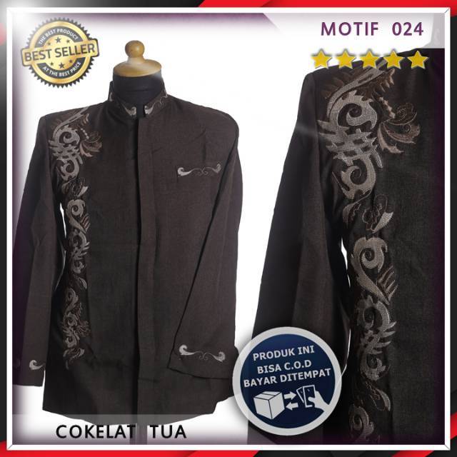 Jasko, Jas Koko, Jaskoko Pria Muslim Modern Original Bordir Bahan Import, Motif 024 Coklat Tua. COD