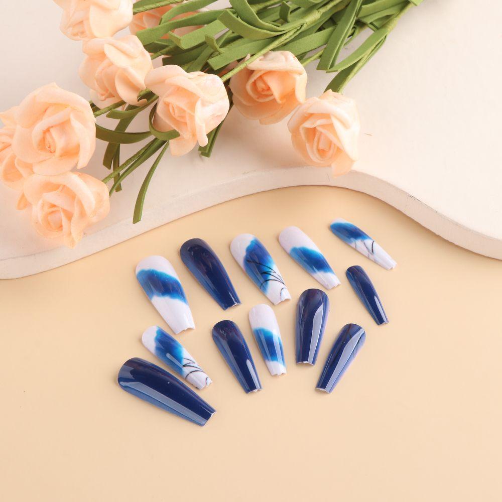 AUGUSTINA Kuku Palsu Panjang Agustinina Lepas Pasang 24tips Blue Manicure Tools Full Cover Hijau Kuku Palsu Set