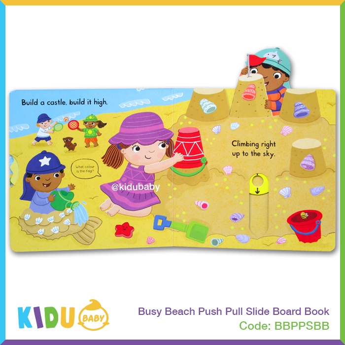 Buku Cerita Anak atau Buku Cerita Bayi Busy Beach Push Pull Slide Board Book Kidu Baby