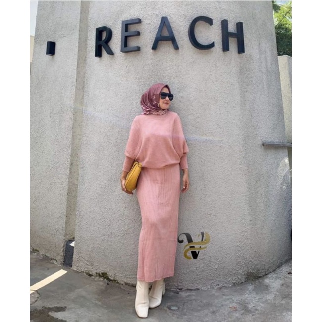 SET ROK REACH KNIT, RIB KNIT, GAMIS HIJAB MUSLIM, SETELAN